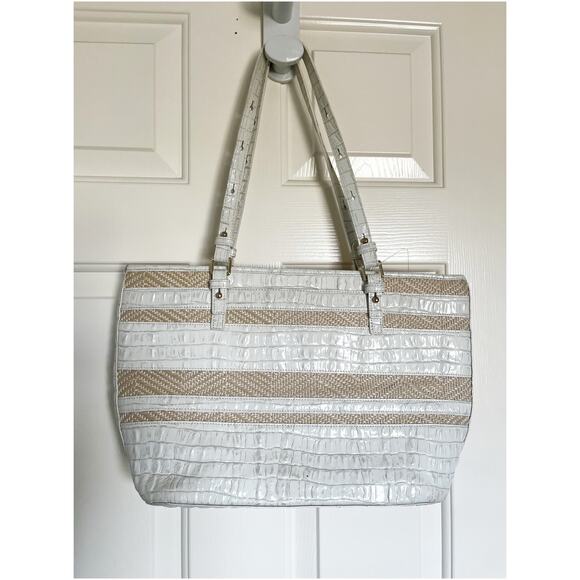 Brahmin Leather and Raffia Medium Asher Tote in Croc Embossed Ivory - Picture 7 of 11